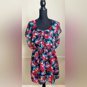 THREE Hearts Pink Green Black Floral Chiffon MIDI Dress Size XL